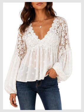 Free People Lina Lace Top Ivory White Boho Crochet Blouse XS